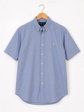 Ralph Lauren Light Blue Short Sleeve Button-Down with Pink Polo Logo Cotton Med